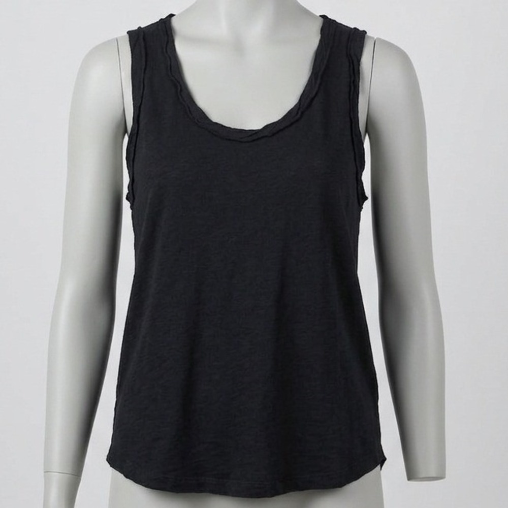 We The Free Free People Black Raw Edge Slub Tank Top XL Scoop Neck Seam Back